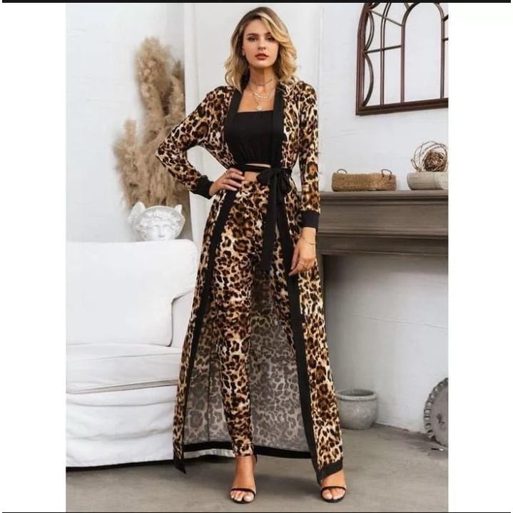 one set celana dan outer long kimono leopard outer blazer tali// luaran muslim cantik //hanya luaran ny sajja// tali terpisah