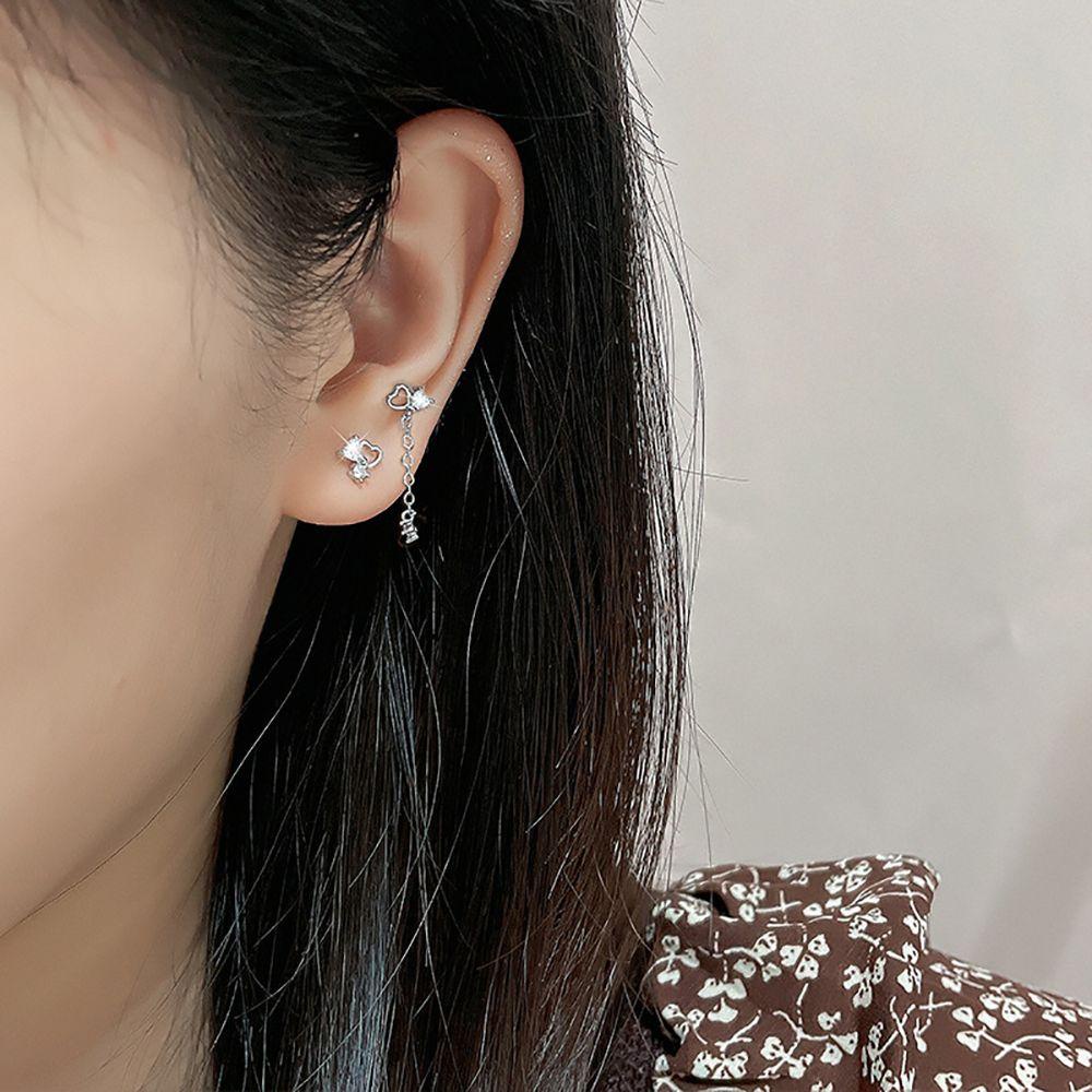 Mxbeauty Cinta Hati Anting Pejantan Elegan Rantai Sederhana Perempuan Gadis Zirkon Asimetris Menjuntai Anting