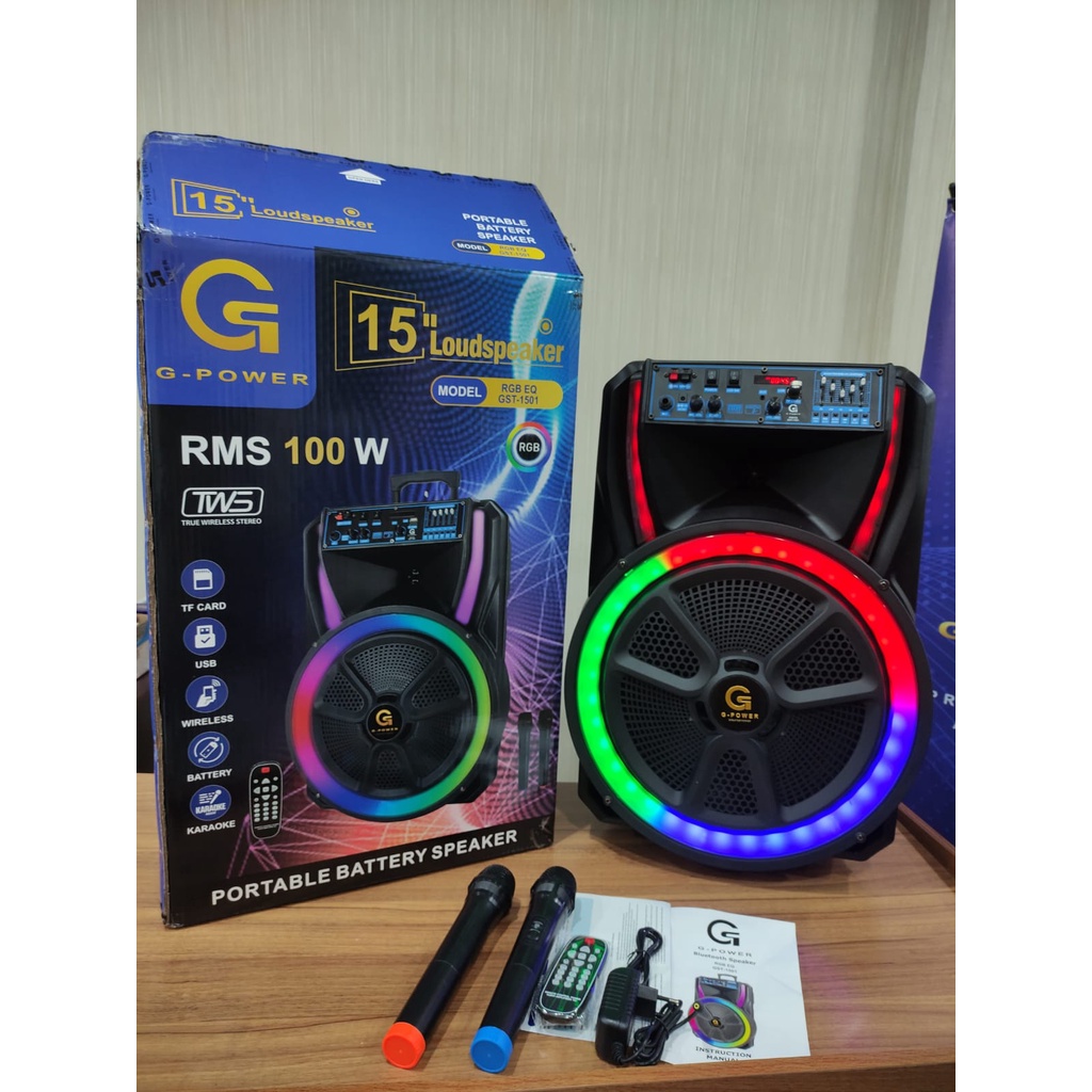 G-POWER Portable Battery Speaker Aktif  RGB EQ Gst 1501 Bluetooth 15' Karaoke free 2 Mic Original Termurah