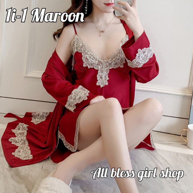 Baju tidur impor Kimono lingerie dress bordir bunga satin premium 1i (1- 5)