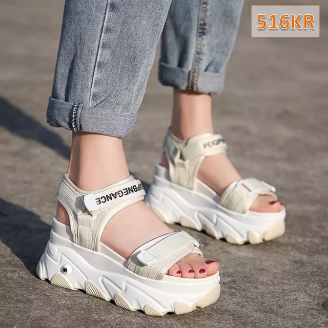 Sandal Gunung Tali Wanita Peiqip Fahion Kasual Korea Sol Tebal 5 Cm Hitam Krem Hijau (516)