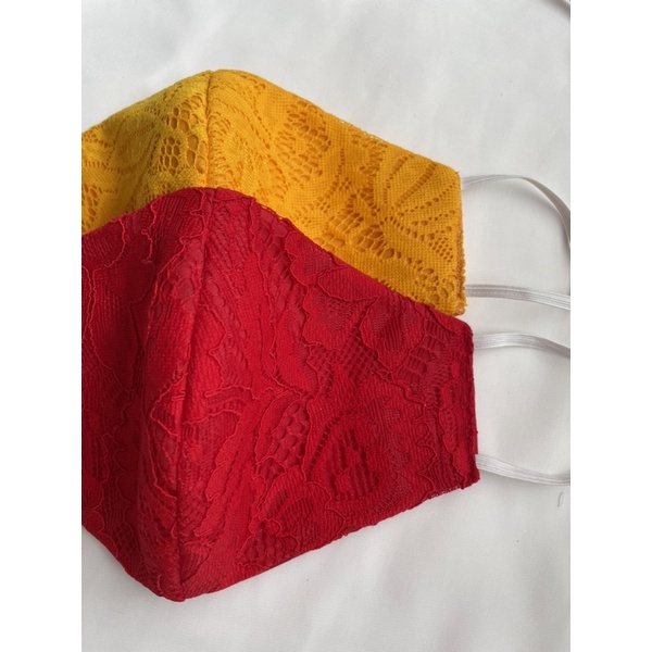 Masker brokat 3ply dewasa dan anak-anak merah cabe dan kuning kunyit motif bunga. Masker murah konda