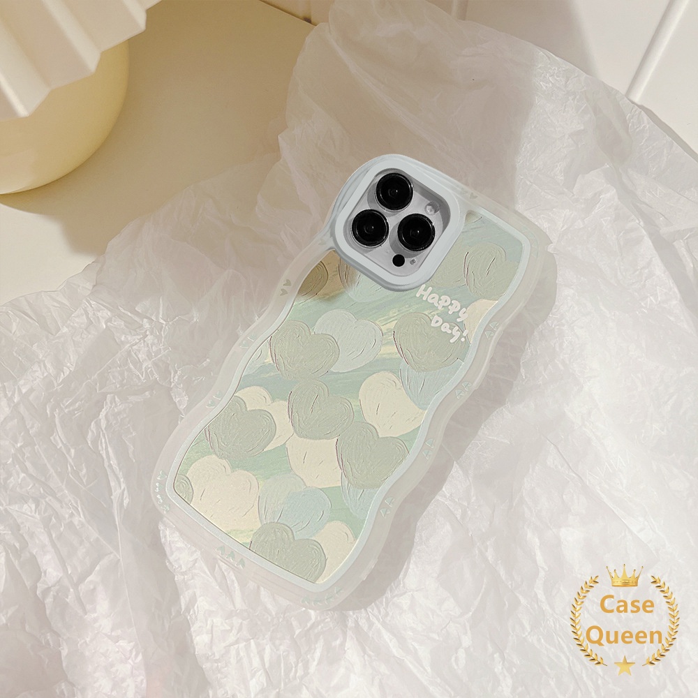 Case Oppo A17 A57 2022 A54 A7 A16 A15 A5s A53 A33 2020 A16s A12 A3s A17K A15s A11K A35 A12e A32 Lukisan Cat Minyak Hijau Love Hati New Wavy Edge Pelindung Kamera Soft Cover