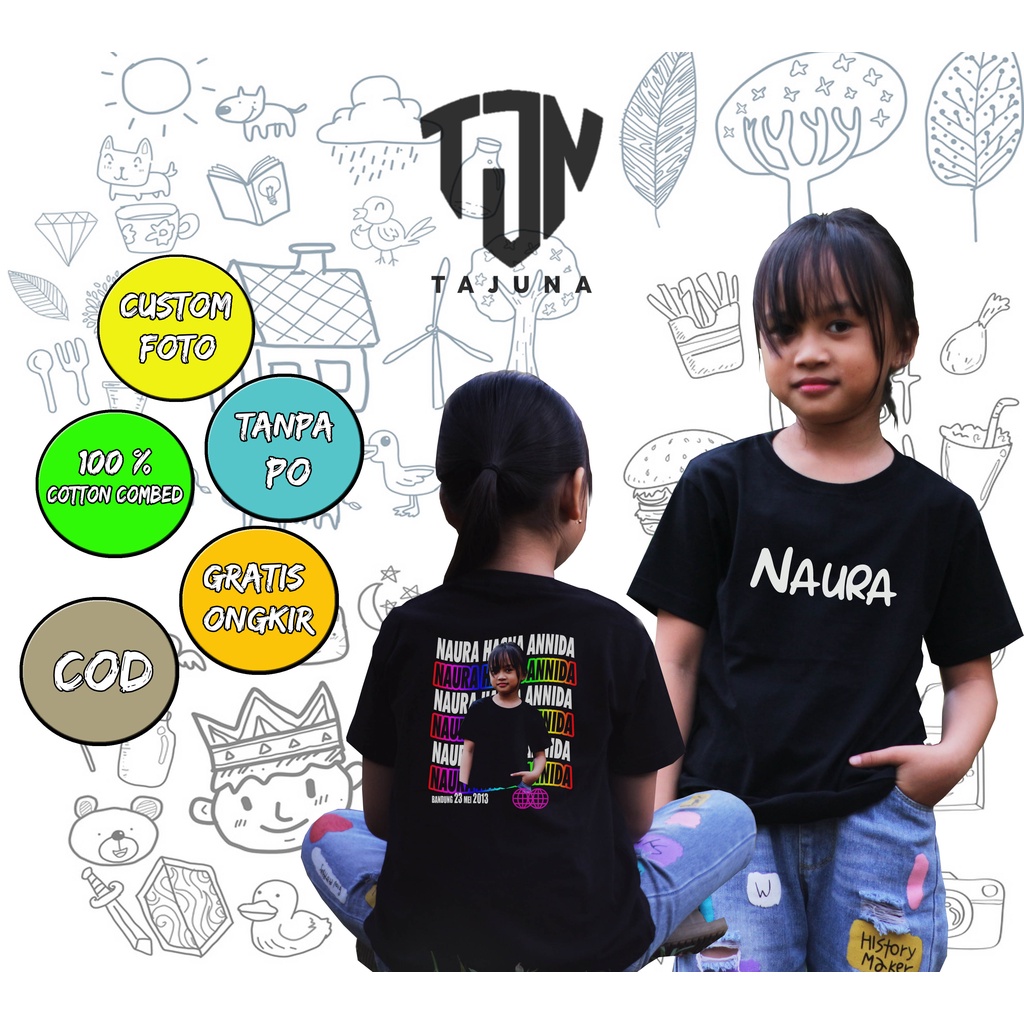 sablon 2 sisi Kaos untuk anak dengan design foto atw karakter kartun favorit di sertai nama anak