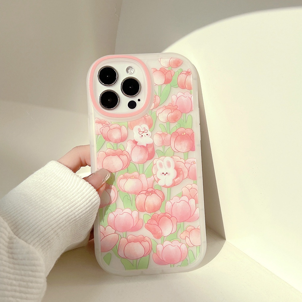 IPHONE Kartun Lucu Tulip Pink Dengan Kelinci Matte Ponsel Back Case Cover Untuk Iphone7 8 PLUS X XR XS 11 12 13 14 MINI PRO MAX SE 2020