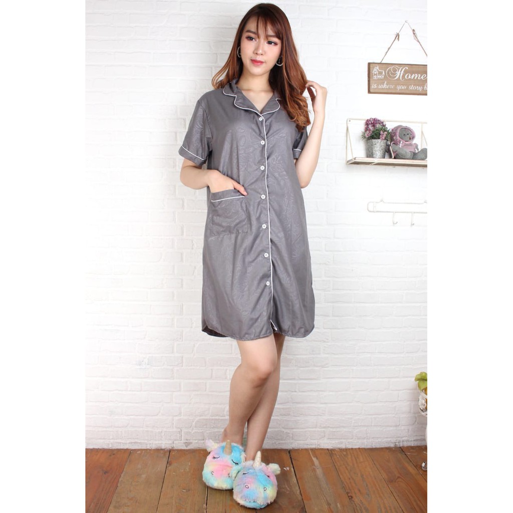 Fortglass DST Saten Sleepwear Baju Tidur Daster Wanita Dewasa Lengan Pendek Satin Embos-ABU TUA