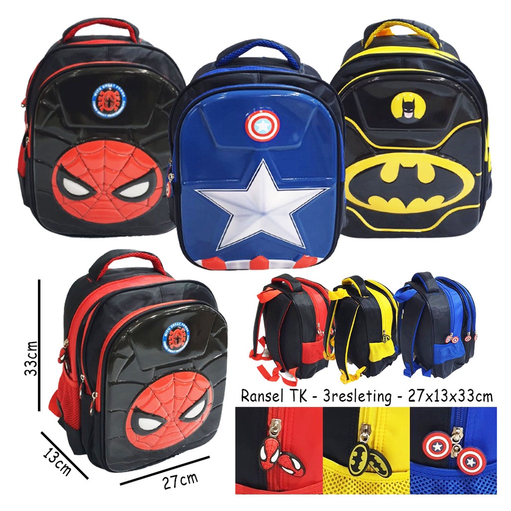 PREMIUM * TAS RANSEL SEKOLAH ANAK LAKI LAKI TK SD KARAKTER SUPER JAGOAN GLOSSY / EMBOS  MOTIF TIMBUL 3Resleting ( ALUCARD BODY KUMO OSH DUET 13&quot; )