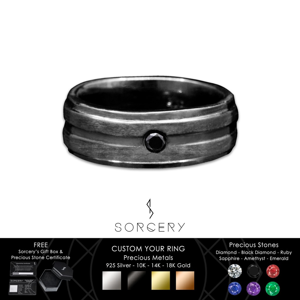 SORCERY 925 Silver Ring AGS Cincin Perak Emas Hitam Permata Premium 18K Real Gold Unisex Pria Wanita