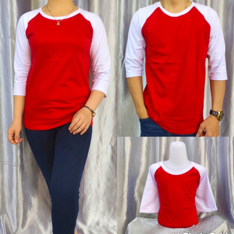 kaos polos reglan unisex MERAH PUTIH lengan 3/4 uk M L XL XXL 20 22 S