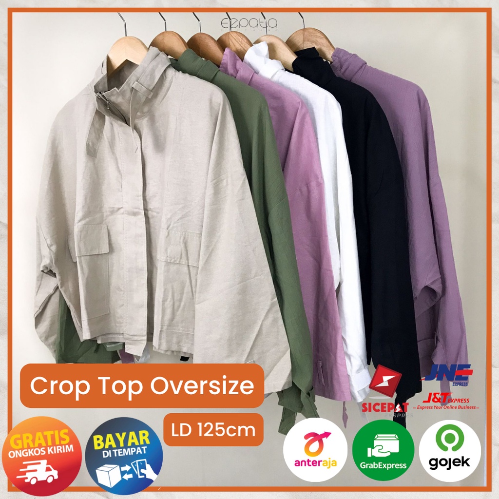 Ezpata Crop Top Oversize Outer Wanita Resleting Bahan Linen LD 125cm Jumbo Bigsize  Lengan Panjang Termurah Kualitas Terbaik