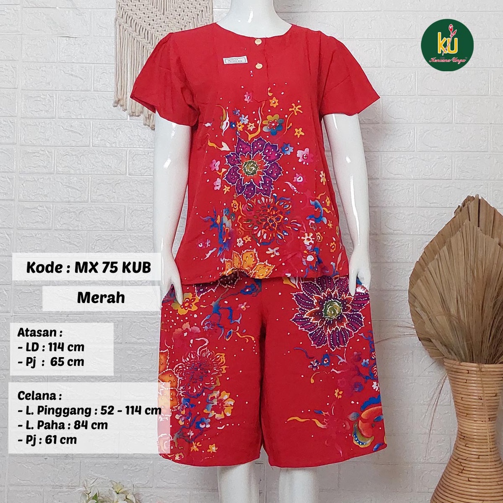 Bisa COD MX75 KUB | Setelan Kulot Celana Pendek Batik Kencana Ungu Asli Label Biru | Baju Santai Piyama Tidur Wanita Kancing Depan Busui Friendly Motif Terbaru-Merah 2