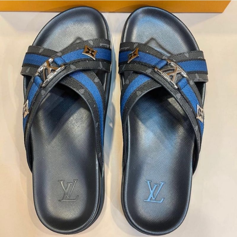 lv sandal pria silang hitam mono sendal cowok slippers slide Kualitas mirror 1:1