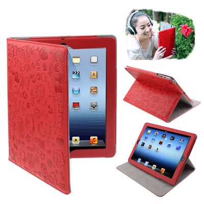 SS6308 - CUTE DOODLE LEATHER CASE IPAD 2 / 3 / 4 RED