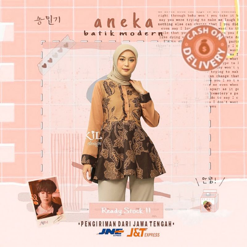BKiL ATASAN BLOUSE KOMBINASI BATIK MODERN LENGAN PANJANG KATUN MIX MOSCREPE COKLAT MOCCA MODIS STYLI