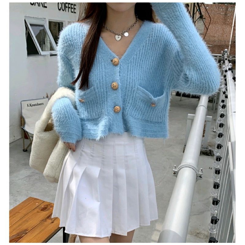 Fluffy Fury Knit Cardigan Sweater Bulu Rajut Import Korea