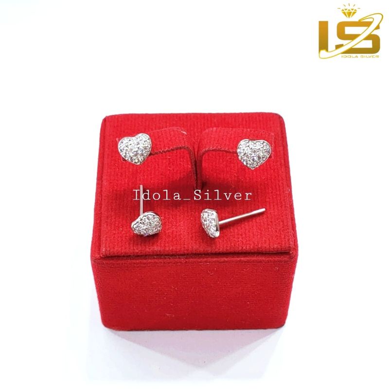 ANTING TUSUK PERAK ASLI SILVER 925 LAPIS EMAS PUTIH MODEL LOVE PERMATA FULL - PERHIASAN PERAK