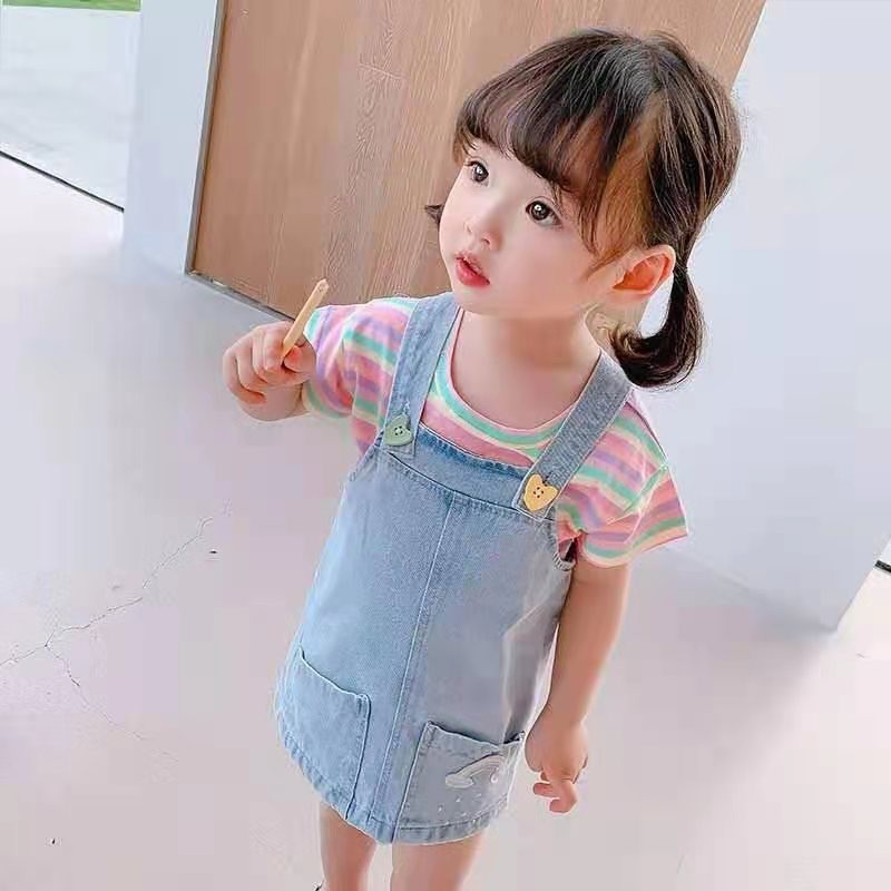 KF CAT Dress Jeans Overall Anak Perempuan Motif Stripe Rainbow Import Pakaian Anak Cewek 9bulan - 3tahun