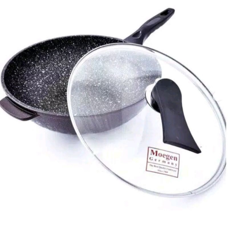 Wok Moegen Germany Teflon Marbel Coating-30 Cm +Tutup Kaca - ORIGINAL ADA LOGO MOEGEN NYA
