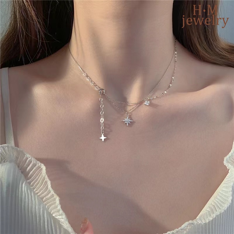 2022 Kalung Rantai Clavicle Simple Dua Lapis Dengan Liontin Bintang + Berlian Imitasi Untuk Wanita