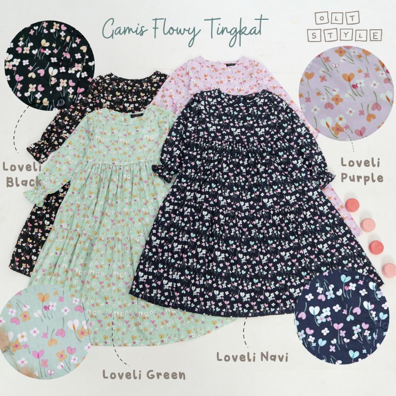 Ollet Gamis katun jepang anak model tingkat 3-10 th motif bunga / gamis flowy by ollet