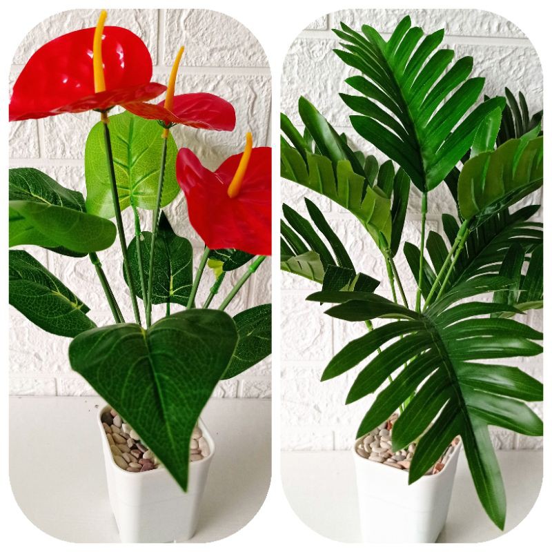 Tanaman bunga anthurium/keladi/palem artificial tinggi 35 cm pot plastik