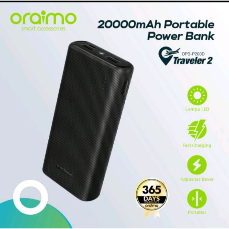 power bank Oraimo 20000mAh OPB-203D traveler 2 portable dual USB port fast charging 20.000 mAh