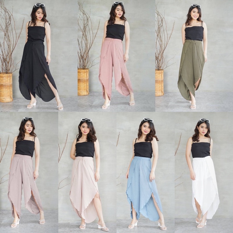 ESCARI PANTS ASSYMETRY SIDE SLIT LAYER CELANA PANJANG KULOT WANITA BAHAN SOFT CRINKLE HIGHWAIST HIGH WAIST POLOS BLACK LIGHT BROWN ARMY GREY BLUE NUDE CREAM WHITE-3