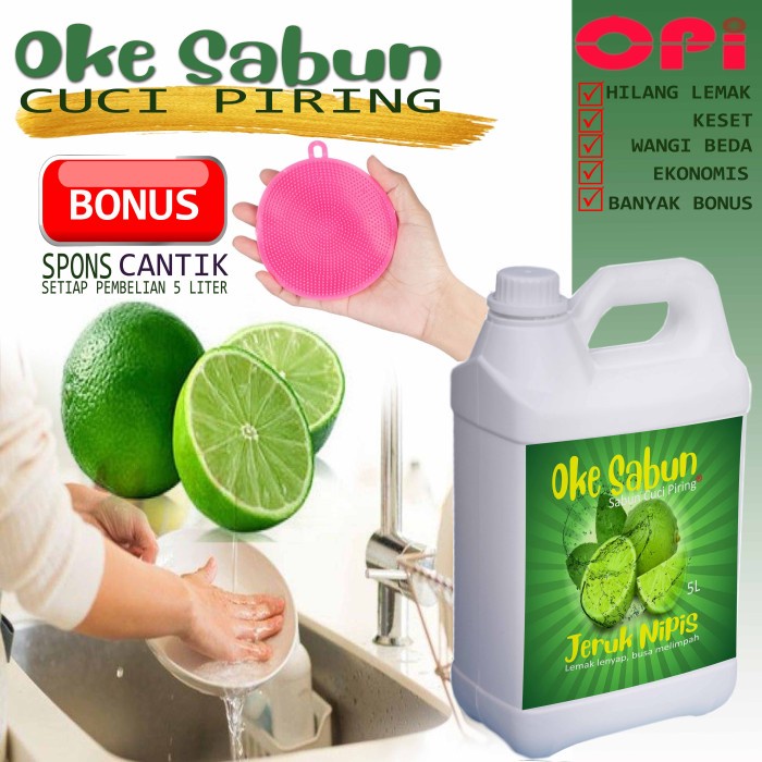 Sabun Cuci Piring 5 Liter Nipis dan 8 varian wangi lain bonus spons New Formula sudah ada izin edar resmi by Oke sabun suplayer