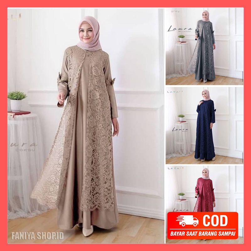 Baju Gamis Drees Brukat Stelan Brokat Pesta Lengan Panjang Wanita Dewasa Kekinian Pakaian Berukat Se