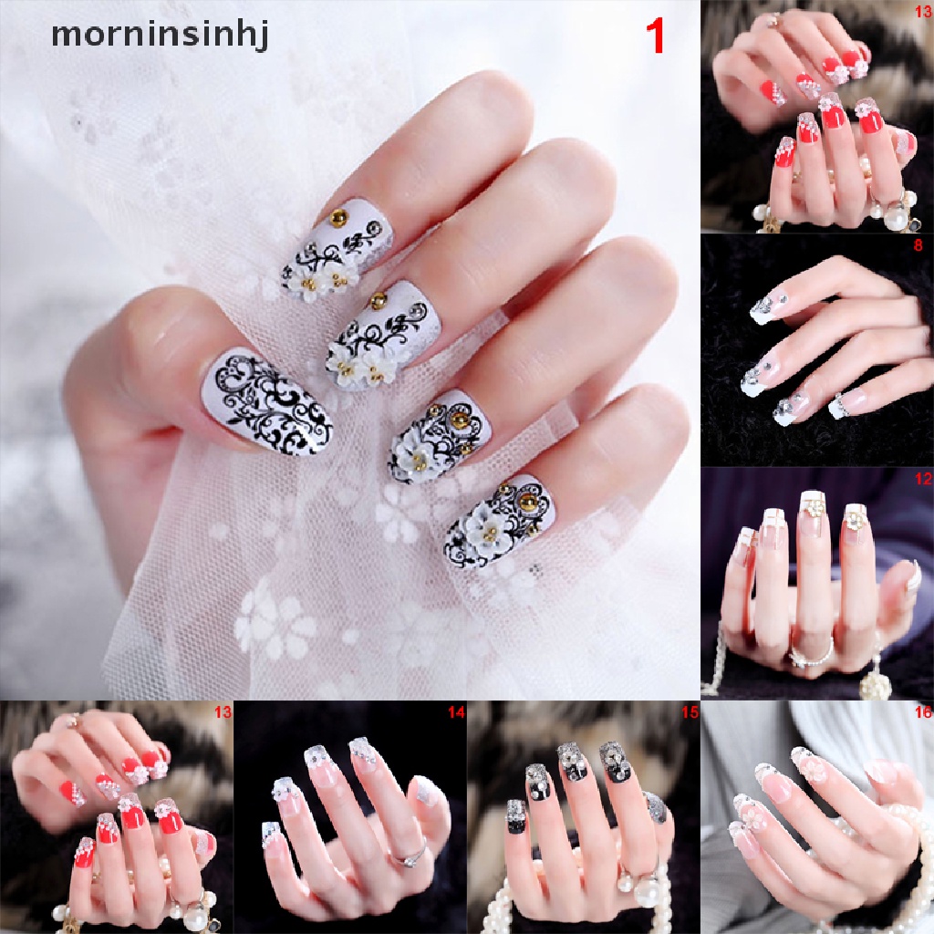 Mornin 24pcs Kuku Palsu Transparan Motif Bunga Untuk Nail Art Diy