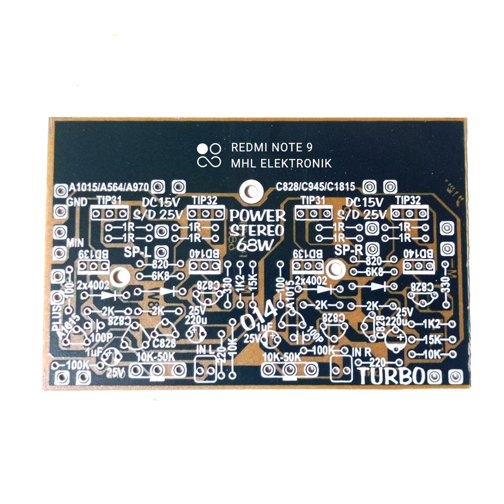 PCB Power Amplifier Stereo 68Watt Final TIP31 dan TIP32 Tegangan CT TIPE 014 TURBO