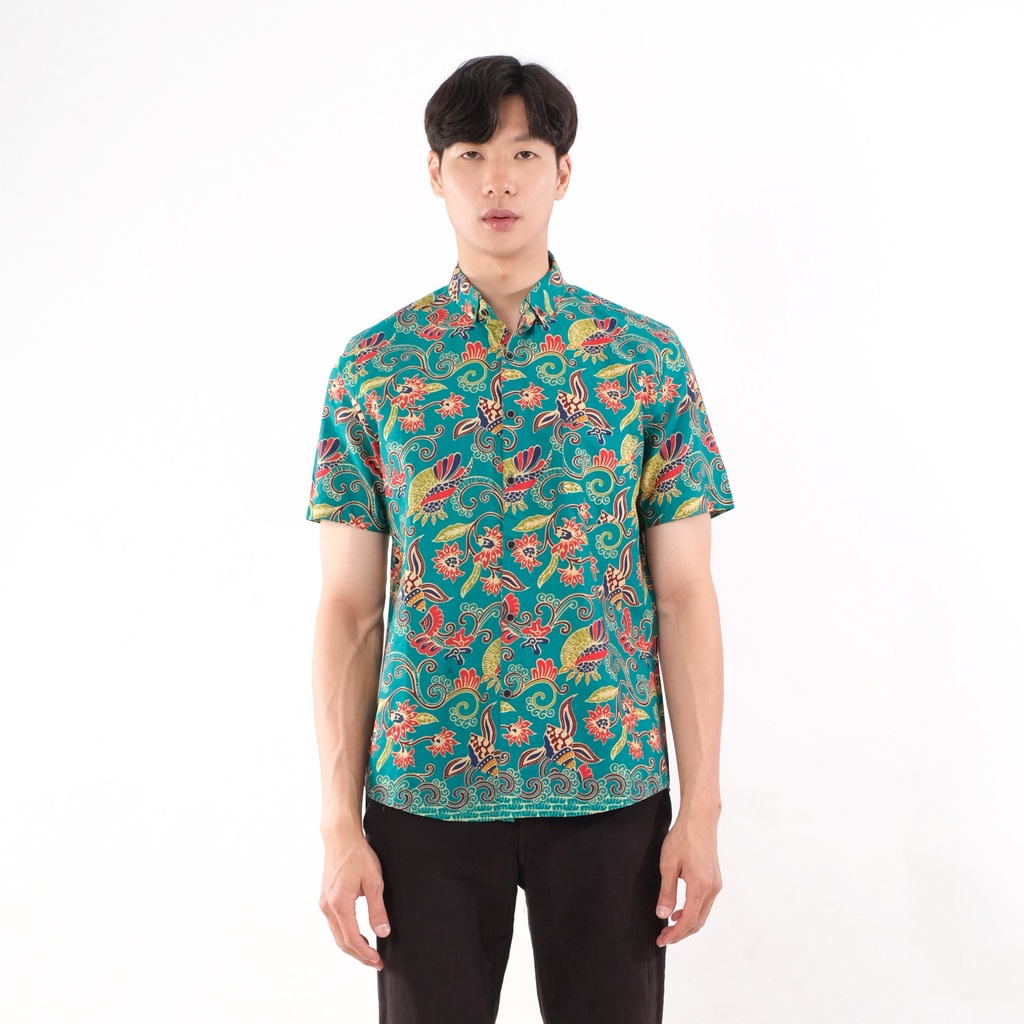 SANVANINA Kemeja Batik Pendek Pria Slim Fit Premium Motif Bunga - Batik Heliconia | E-7003