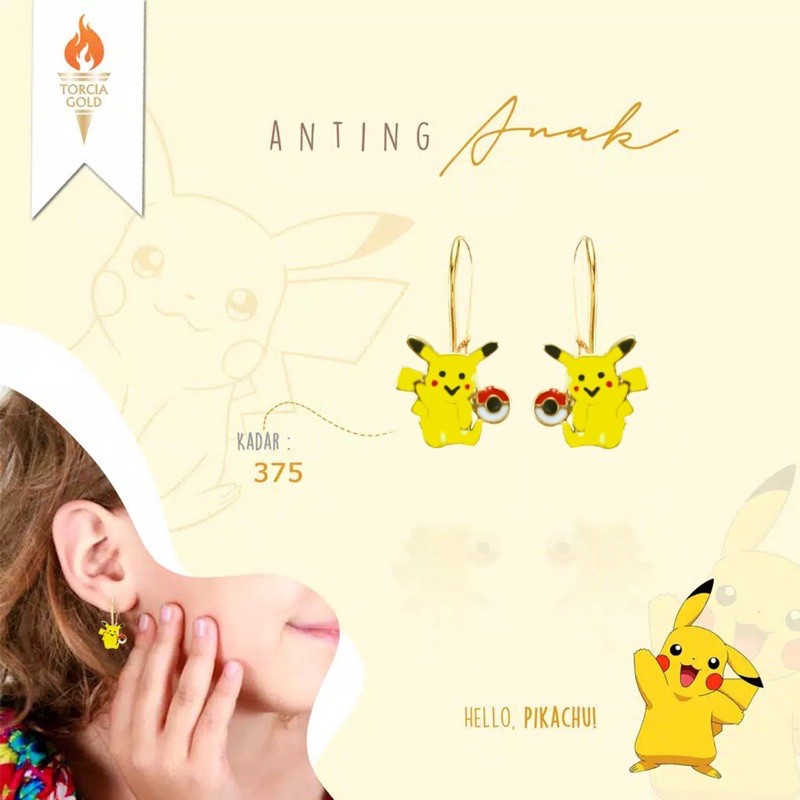 Anting Anak Emas Asli Pokemon Pikachu Kadar 375 Torcia Gold