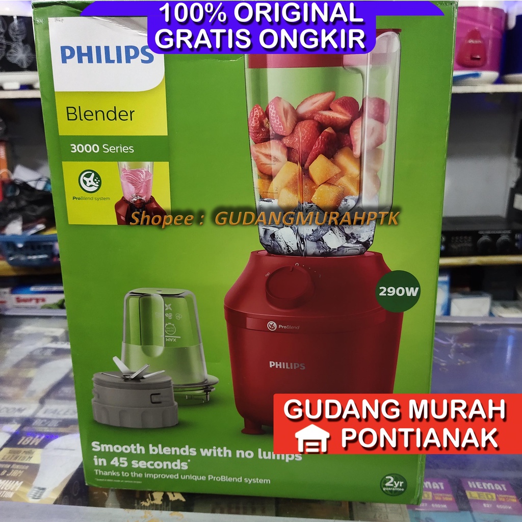 Blender Philips Original Pro Blends ASLI KUAT dan AWET HR2042 3000 Series Blender 290W Plastic / plastik WARNA MERAH