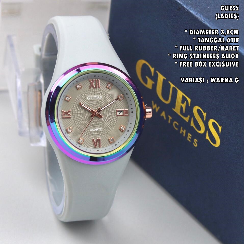 JAM TANGAN WANITA GUESS TALI RUBBER BODY BULAT TANGGAL AKTIF