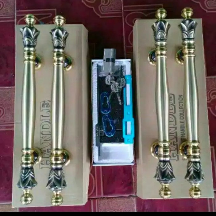 1set handle pintu kuningan motif nanas lengkap dengan body pelor kunci