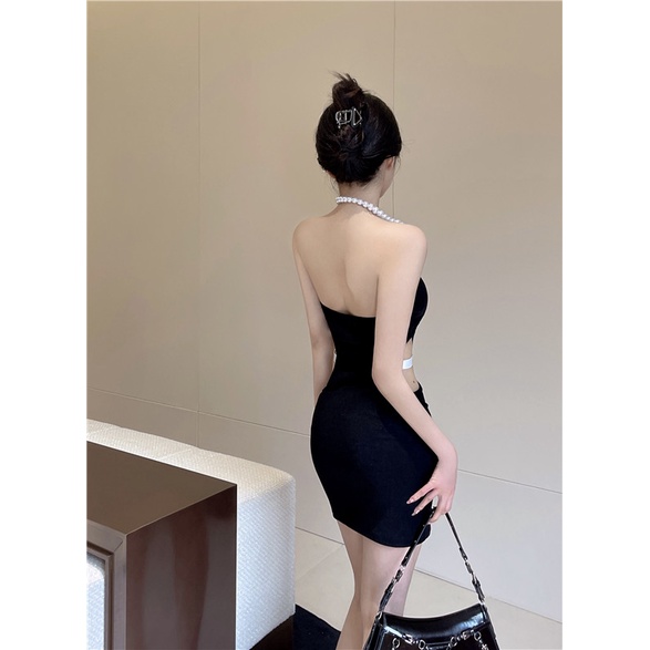 Mini Dress Hitam Hollow Mutiara Halter Gaun Wanita Musim Panas Hepburn Gaya Murni Desire Sexy Pingga