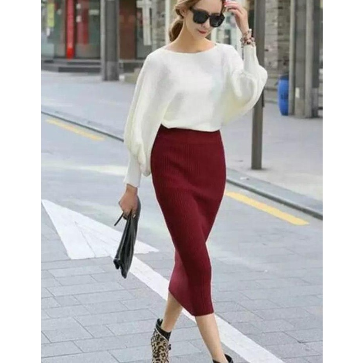 ROK SPAN BELAH 7/8 KNITTED RAJUT PREMIUM SKIRT KNIT PANJANG