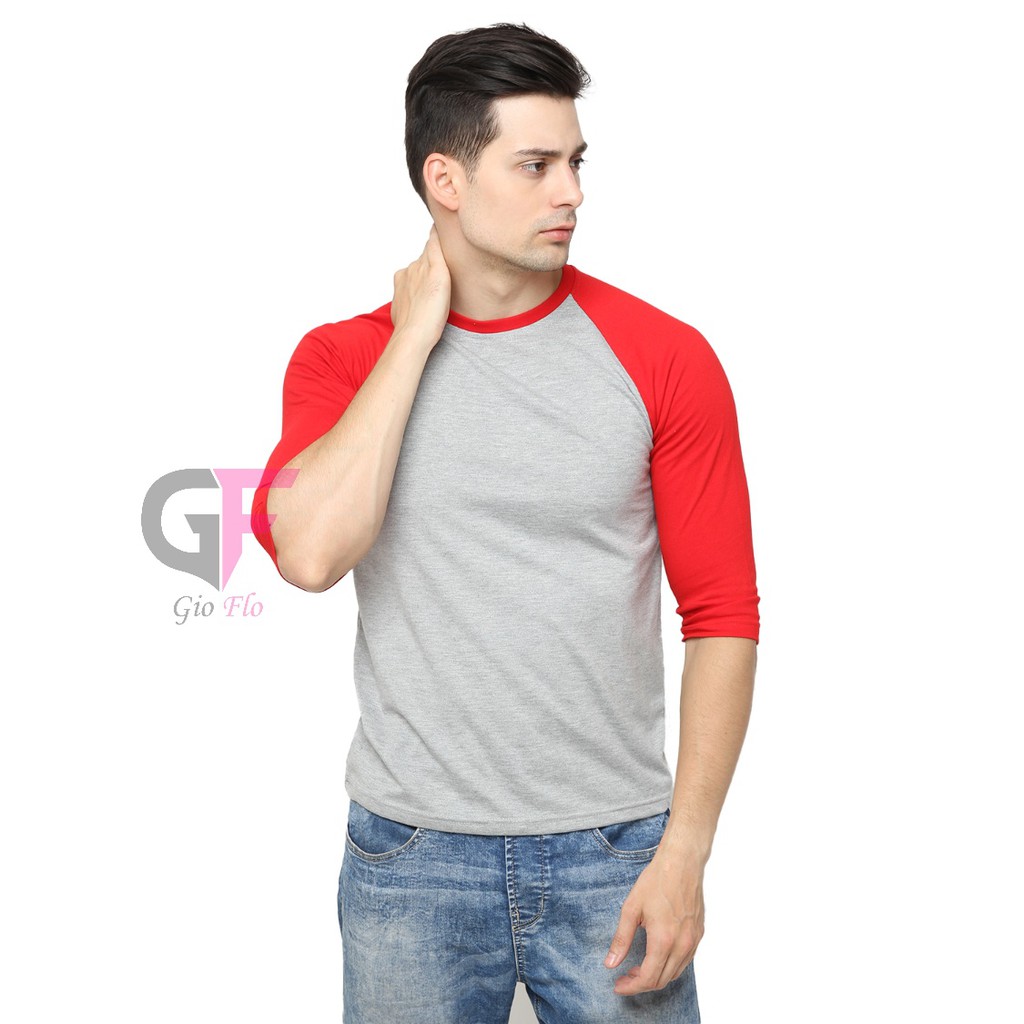 GIOFLO Kaos Simple Elegan Pakaian Baju Raglan Pria Abu Merah / POL 27