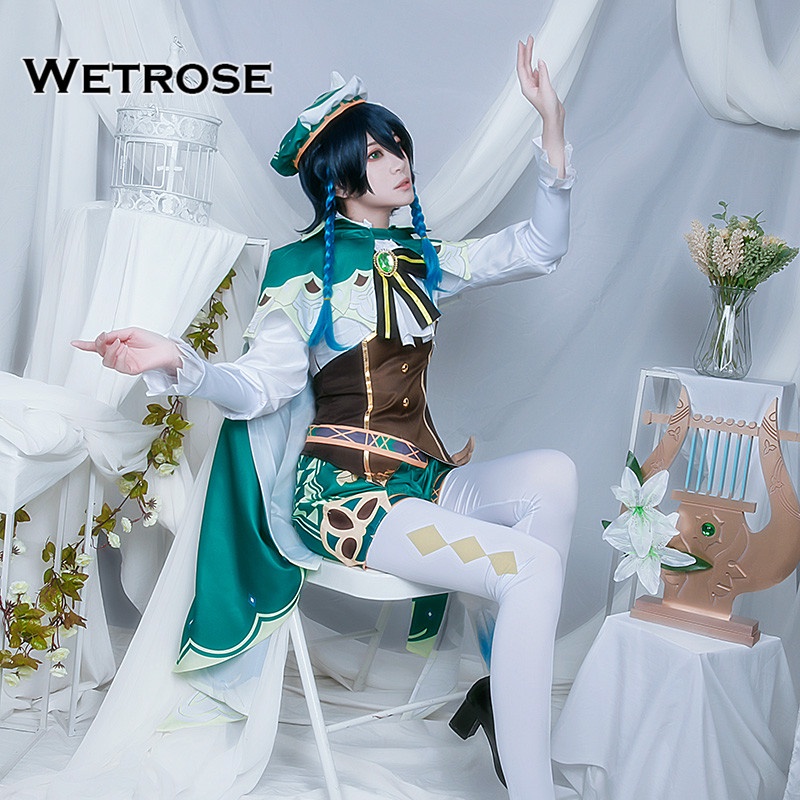 【Wetrose】Genshin Impact Cosplay Venti Dress Coat Short Sleeve Top Uniform Set Costume Party Show Event Wanita Pria Kostum, Venti Wig