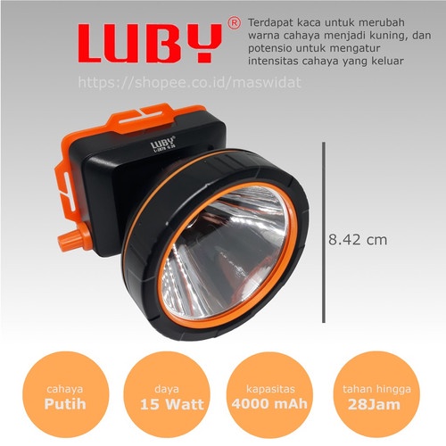 Senter Kepala LUBY 15w 2878 LED Dimmer Putar Headlamp Lubi 15Watt Super Terang Jarak Jauh Charger Baterai 4000mah Lithium 18650 Dobel Power Cahaya Putih + Lensa Kuning Belor Berburu Batre Original Termurah