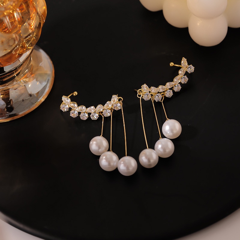 S925 Korea Mutiara rumbai anting-anting panjang anting-anting desain minimalis Wanita anting-anting