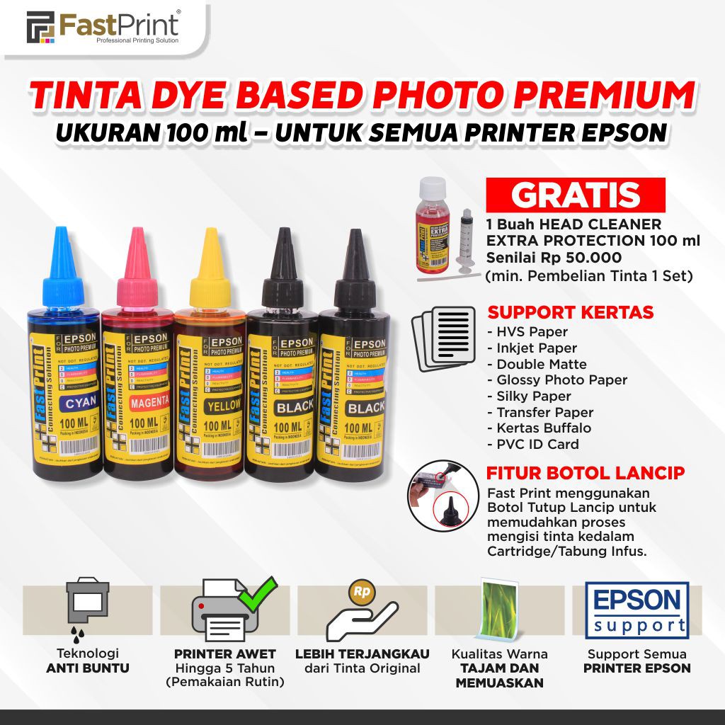 Tinta Dye Based Photo Premium 100ML Printer Epson 1Set 5Warna