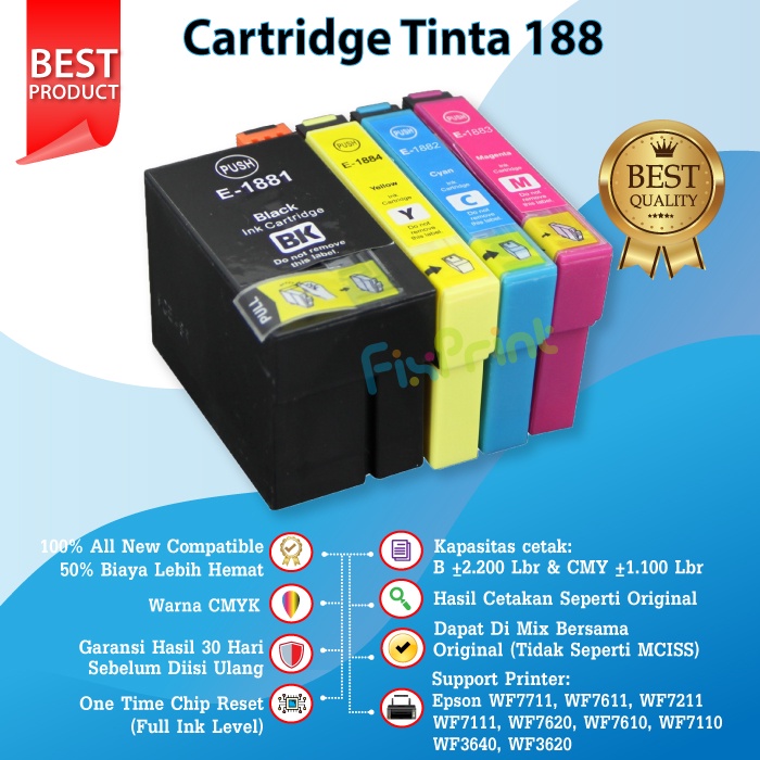 Cartridge Tinta Epson T188 Compatible WF7111 WF7620 WF3621 WF7621 188n