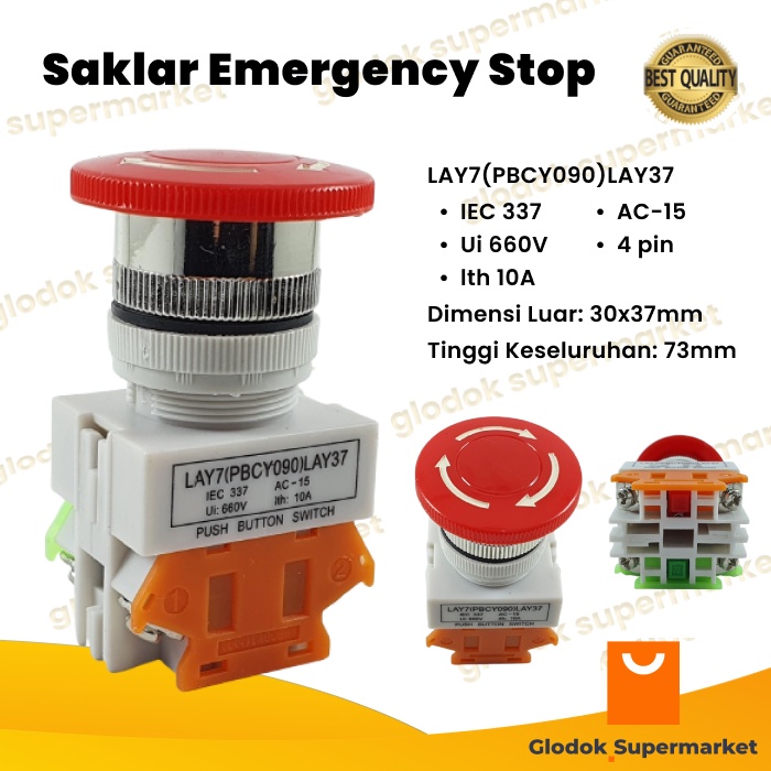 Saklar Emergency Stop LAY7 PBCY090 LAY37 Push Button Switch Tombol Jamur Emergensi