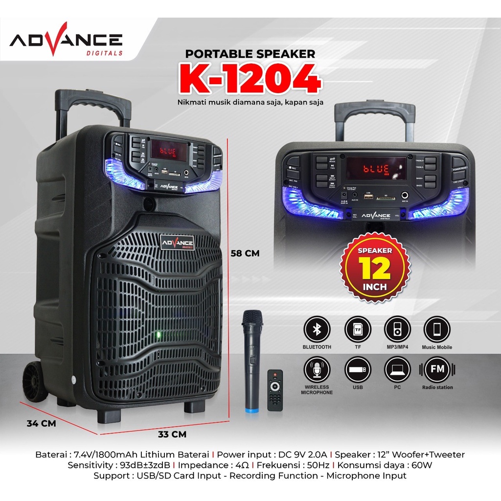 Advance Speaker  K1204 Meeting Bluetooth Portable Plus Mic Wireless Karaoke