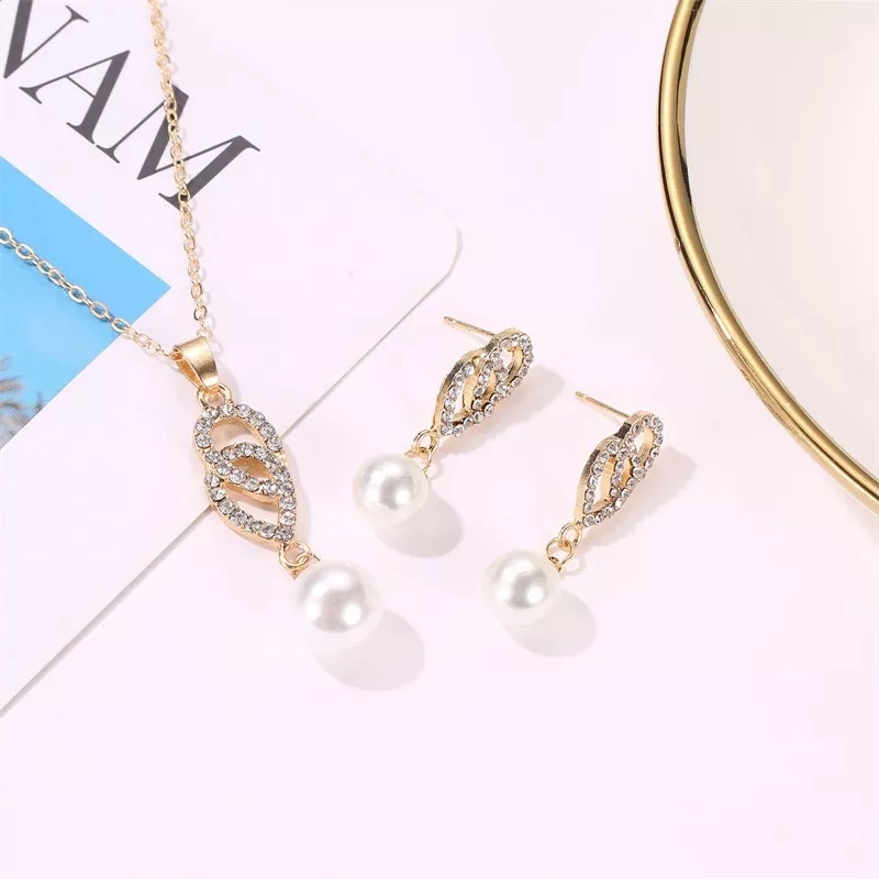 Set Kalung Anting Mutiara Menjuntai Korea Aksesoris Murah Dalika