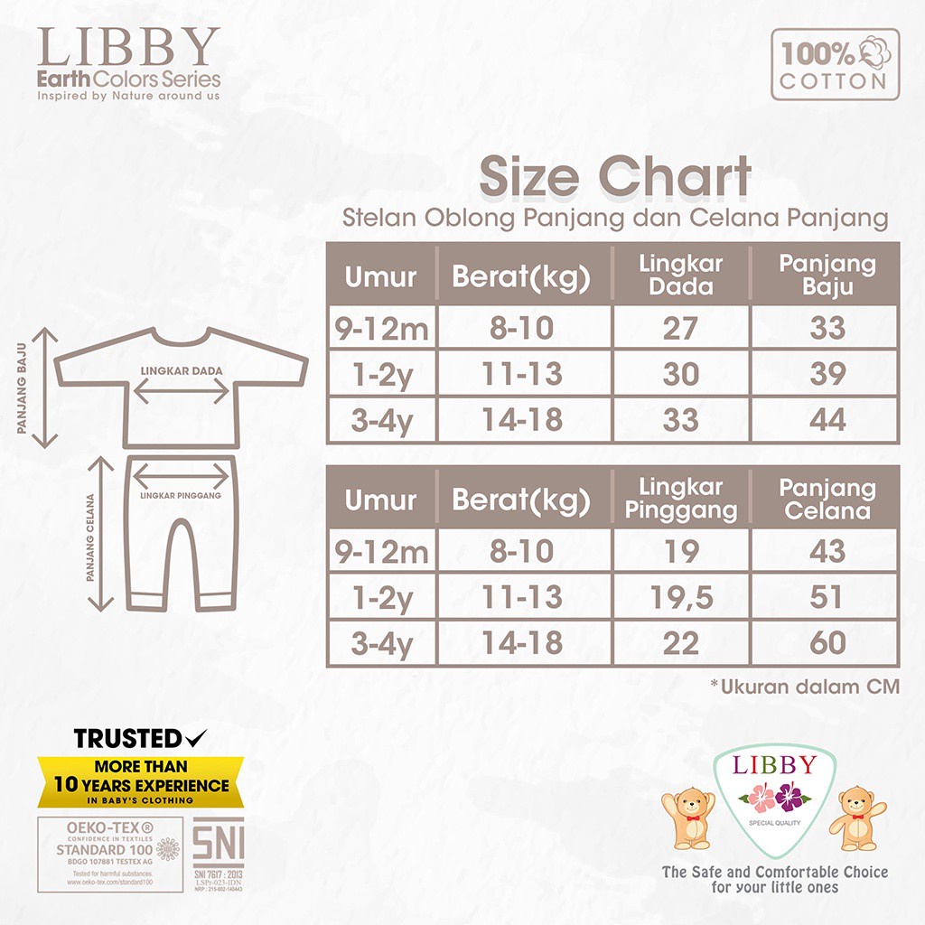 LIBBY FAVE SERIES Earth Color Setelan Oblong Baju Panjang Celana Panjang Baju Bayi Pakaian anak 9 Bulan - 4 Tahun