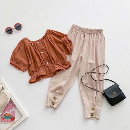 CHUBBI 23 Setelan Set Anak Perempuan Korea Top Crop + Cotton Pants