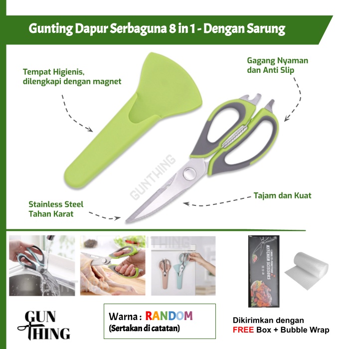 Gunting Dapur Multifungsi Serbaguna 8 in 1 - Dengan Sarung Magnet - Stainless Steel Warna Random